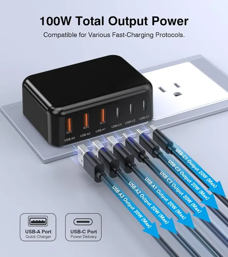 Vista 5 de Bloque de Carga Rápida, Cubo de Estación de Carga GaN de 6 Puertos USB C, Cargador de Pared de 100W de Tipo C de Múltiples Puertos con Enchufe