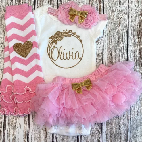 Vista 13 de Personalized Baby Girl Outfit Circular Floral Wreath Design Gold Glitter Optional Accessories