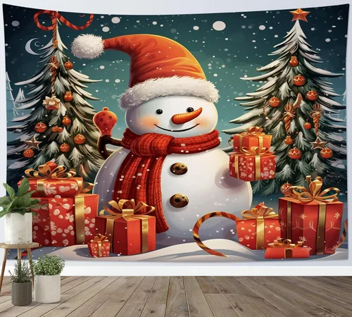 Vista 3 de HVEST Tapiz navideño de muñeco de nieve para colgar en la pared, divertido muñeco de nieve con sombrero rojo de Navidad y tapiz de regalo, tapiz