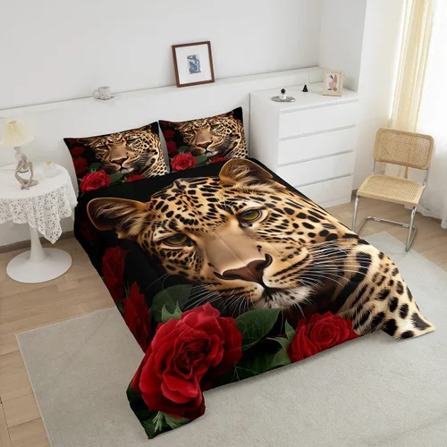 Vista 2 de Erosebridal Juego de ropa de cama de guepardo con rosa roja, juego de edredón con estampado de leopardo y gato, edredón romántico de plumón, Multi 03