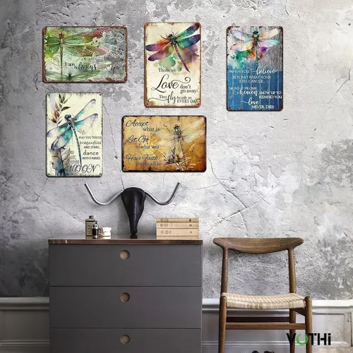 Vista 5 de Letrero retro de libélula What We Love Will Not Go Away 8x12 pulgadas Aluminio, divertido diseño retro, decoración de cocina, hogar, cafetería
