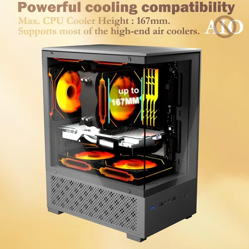 Vista 4 de Carcasa Micro ATX, carcasa MATX, ITX para PC con ventilador ARGB de 2 x 120 mm preinstalado, panel frontal y lateral de vidrio templado panorámico
