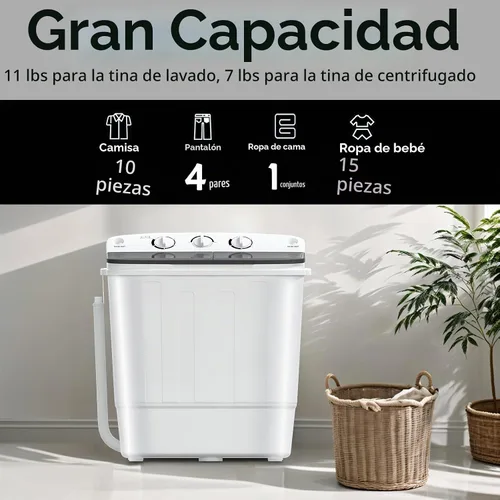 Vista 4 de Lavadora portátil, mini compacta de 18 libras, lavadora de doble tina con estante de secado y 10 perchas, combo de lavadora (11 libras) y secadora
