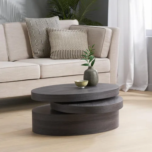 Vista 3 de Mesa de centro redonda ovalada moderna de madera giratoria de 3 niveles, fácil montaje, negro (40.15 x 23.75 x 13 pulgadas)