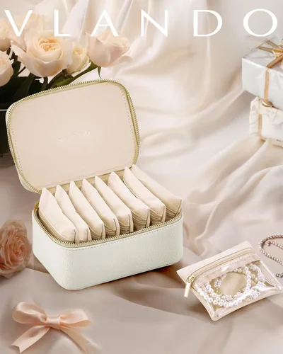 Vista 2 de Vlando Joyero con 8 bolsas de joyería de terciopelo, caja de almacenamiento de joyas de viaje para mujeres y niñas, organizador de joyas de pétalos