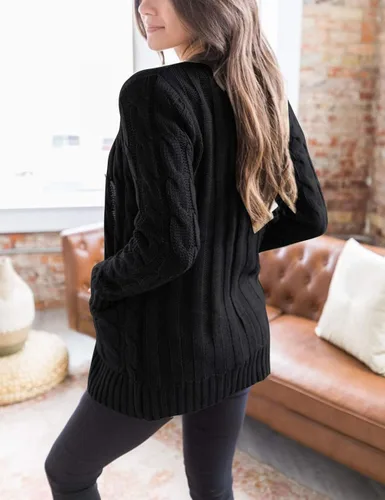 Vista 2 de MEROKEETY - Suéter de punto trenzado y manga larga para mujer, estilo cárdigan abierto al frente, con botones, para otoño, ropa de exterior holgada