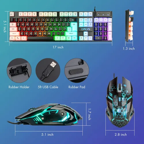 Vista 3 de CHONCHOW Combo de teclado y mouse iluminados, teclado LED RGB para juegos de tamaño completo y mouse para juegos con cable arcoíris para PS4, PS5