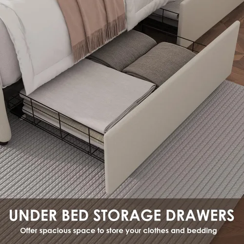 Vista 4 de TTVIEW Base de cama de tamaño matrimonial con 4 cajones de almacenamiento y cabecera ajustable, plataforma tapizada con diseño capitoné, soporte