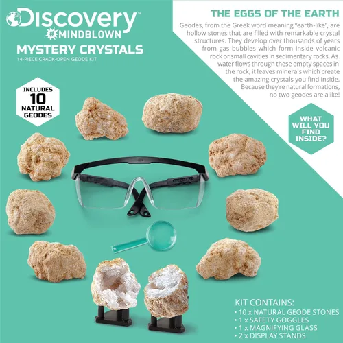 Vista 3 de Discovery Kit de geoda de cristal misterioso, 10 geodas de cuarzo real, incluye gafas, lupa y soportes de exhibición, juguete educativo de geología