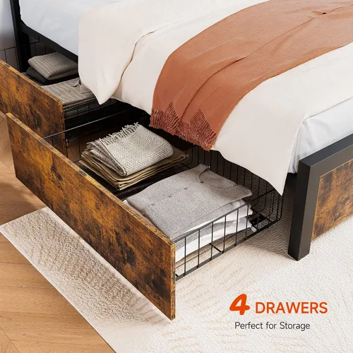 Vista 7 de coucheta Base de cama de tamaño matrimonial con 4 cajones de almacenamiento y cabecero, plataforma de metal resistente y madera rústica, marco