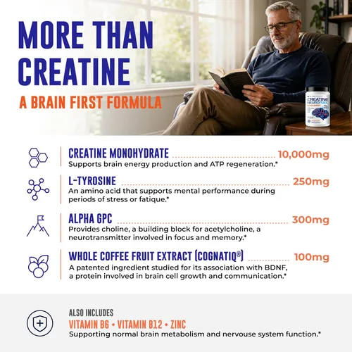 Vista 6 de Creatine Monohydrate Powder 10g with Alpha GPC & L-Tyrosine, 30 Servings