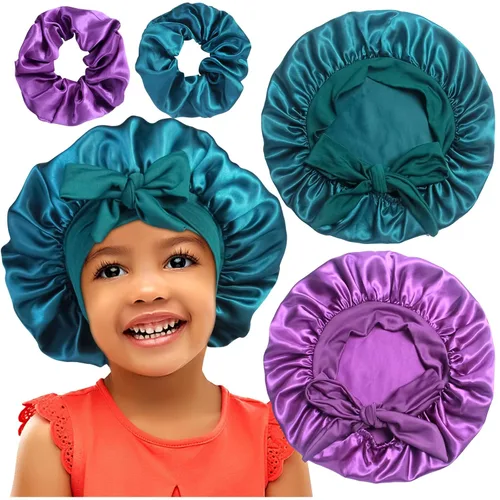 Vista 9 de 2+2 gorros de satén con coleteros para niños, bonitos gorros de pelo para niñas para dormir cabello rizado, A