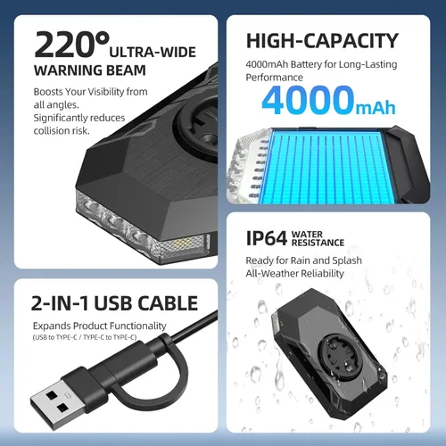 Vista 5 de CL350 - Luz delantera de bicicleta para conducción nocturna durante el día, 4 modos de 4000 mAh USB recargable, encendido/apagado automático