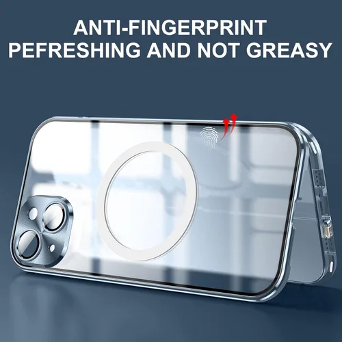 Vista 5 de Funda para iPhone 14, protección de doble cara de 360 grados, compatible con Magsafe de absorción magnética, parachoques de metal frontal de vidrio