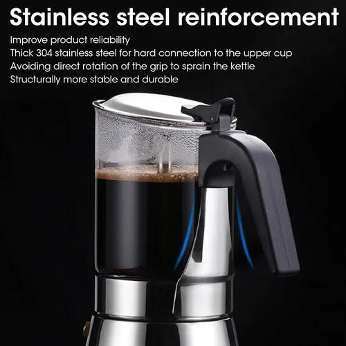 Vista 5 de Jiawu Cafetera clásica para estufa, cafetera Greca italiana y cubana de acero inoxidable, cafetera espresso superior de cristal premium, fácil