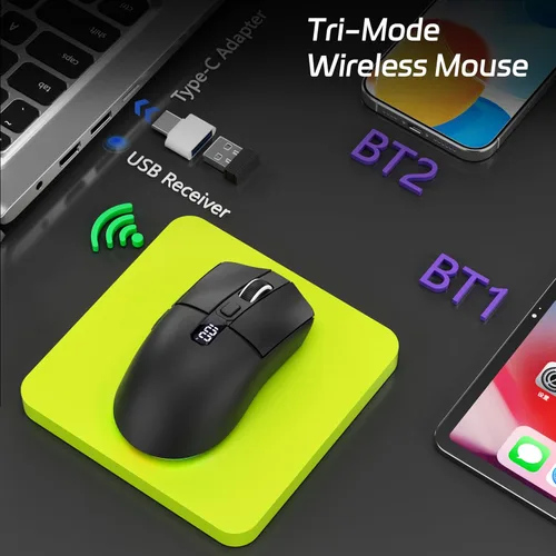 Vista 2 de Uciefy Ratón inalámbrico Bluetooth, triple modo (2.4G+BT5.0+BT5.1), mouse Bluetooth LED, USB C recargable con pantalla LED, ratones de computadora