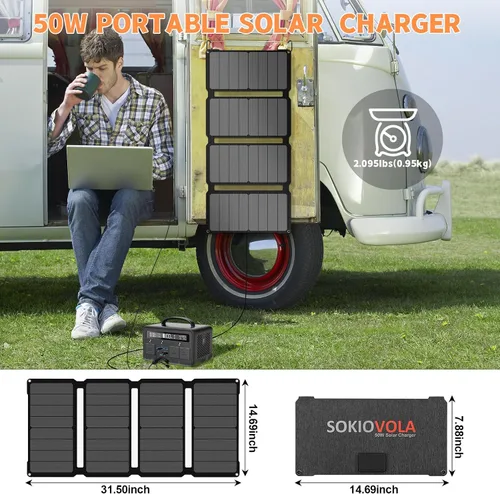 Vista 4 de SOKIOVOLA [Actualizado] Paneles solares plegables 50W Cargador de panel solar portátil 3 puertos de salida (USB-A USB-C DC) Panel solar plegable