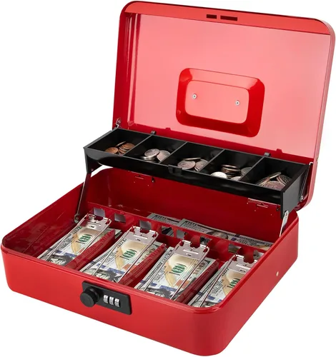 Vista 23 de Jssmst - Caja de efectivo de metal grande con bandeja de dinero,Caja de bloqueo