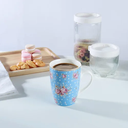 Vista 2 de fanquare Juego de 4 tazas de café de 12 onzas para mujer, juego de tazas de café de porcelana floral, tazas de café grandes de cerámica azul