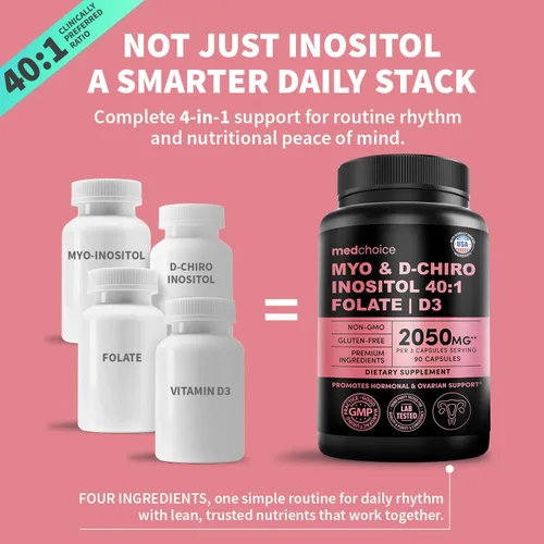 Vista 2 de Myo-inositol 40:1 para mujeres – Suplemento de inositol con mio y D-Chiro inositol, folato y vitamina D3 – Cápsulas veganas para rutina diaria