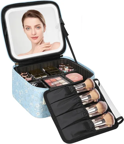 Vista 23 de Relavel Estuche de maquillaje con espejo LED, 01-Negro, Bolsa de maquillaje de viaje con espejo LED para niñas Compact Cosmetic Makeup Organizer