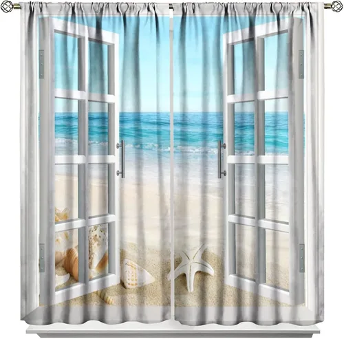 Vista 11 de JESTRONRY Cortina de playa azul y blanca con diseño de estrella de mar y conchas marinas con aislamiento térmico, para oscurecer la habitación, 2