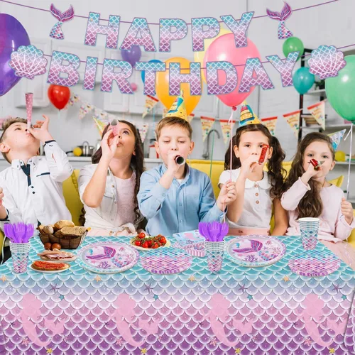 Vista 6 de Juego de 122 decoraciones para fiesta de cumpleaños de sirena, incluye platos, servilleta, tenedor, taza, mantel, pancarta para baby shower