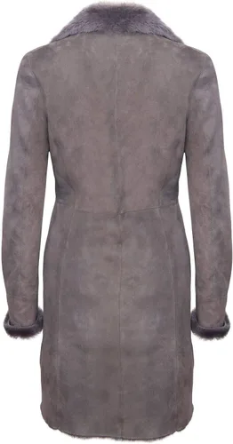 Vista 4 de Infinity Leather Abrigo de piel de oveja de gamuza merino gris con botones 34 para mujer