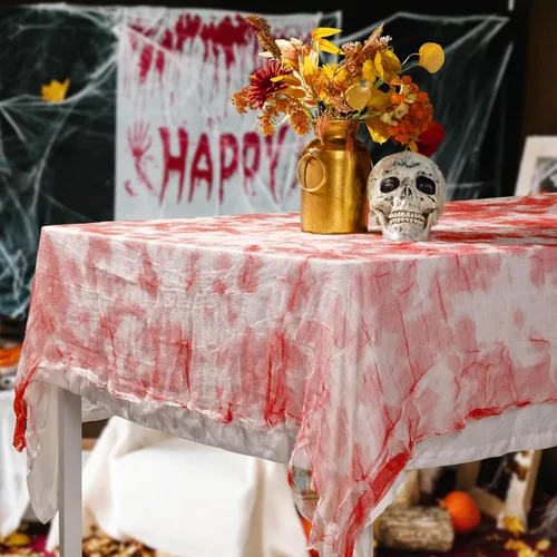 Vista 6 de 3 manteles rectangulares de gasa sangrienta de Halloween, 85 x 60 pulgadas, mantel rectangular con estampado de manos sangrientas, mantel de mesa