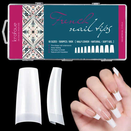Vista 19 de Krofaue Uñas postizas con punta francesa: uñas cuadradas cortas a presión Puntas de uñas cuadradas francesas mate