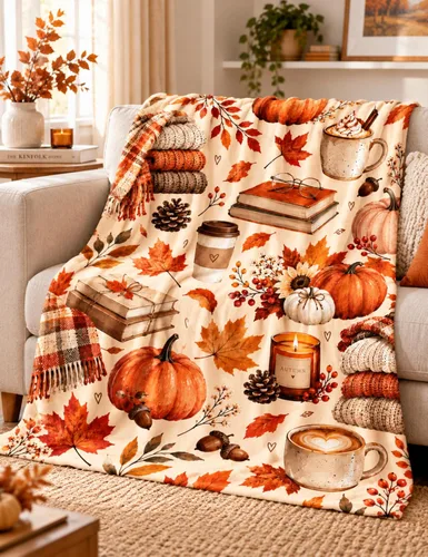 Vista 2 de Personalized Fleece&Sherpa Throw Blanket - Cozy Autumn Pumpkin Coffee Books (Fleece, 60 * 80)