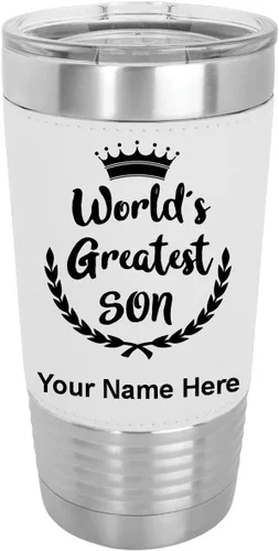 Vista 22 de LaserGram Vaso aislado al vacío de 20 onzas, el hijo más grande del mundo, grabado personalizado incluido (piel sintética, estilo béisbol)