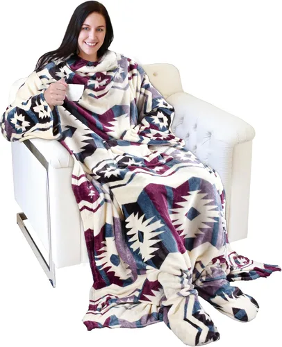 Vista 36 de Catalonia - Manta de vestir de vellón con mangas y compartimientos para los pies, para mujeres y hombres, manta de microfelpa cómoda y envolvente