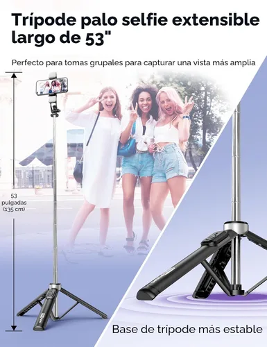 Vista 3 de Trípode para selfie stick de 53 pulgadas con luz, palo selfie extensible con control remoto, soporte de trípode portátil para teléfono celular