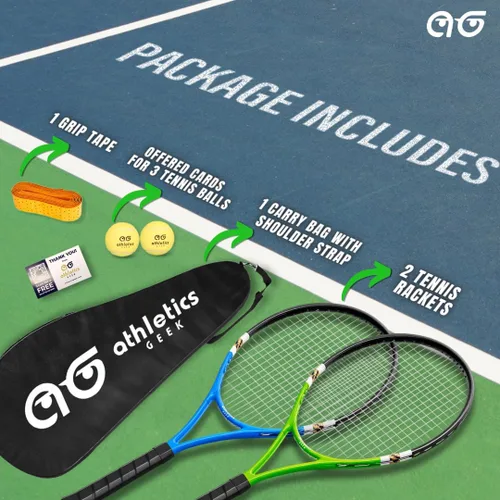 Vista 4 de Paquete de 2 raquetas de tenis para principiantes, paquete variado de dos colores con 2 pelotas de tenis, cinta de agarre, tarjetas de oferta