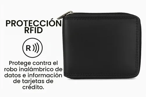 Vista 5 de Billetera plegable para hombre con cremallera y bloqueo RFID de cuero premium (negro)