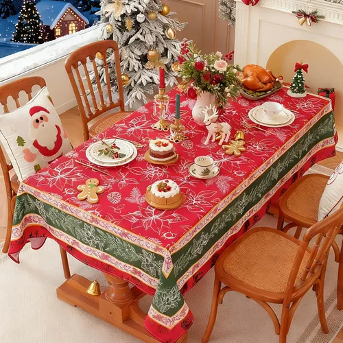 Vista 2 de SASTYBALE - Mantel navideño rectangular de 52x70 pulgadas, con diseño vintage de Flor de Pascua y acebo, resistente a las arrugas, para cenas