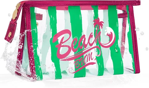 Vista 7 de COSHAYSOO Bolsa de Maquillaje Transparente con Protección Solar, Bolsa de Protector Solar con Parches de Letras, Accesorios Esenciales de Playa