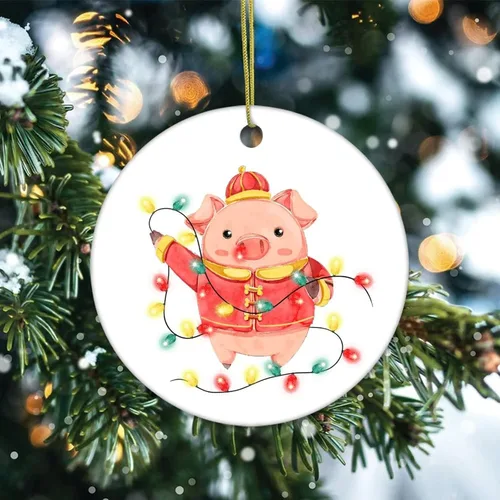 Vista 2 de Cheyan Adorno de Navidad de cerdo de animales y luces, adorno de árbol de Navidad para decoración del hogar, adorno de porcelana colgante de Navidad