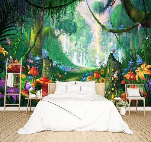 Vista 15 de Hermoso papel pintado de naturaleza verde con bosque grande, árbol gigante, paisajes de la jungla, murales de escenas de dormitorio, decoración