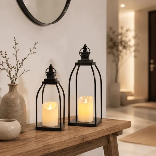 Vista 7 de DARJEN Farol Moderno de Granja para Decoración de Exteriores e Interiores - Faroles de Vela de Metal Negro de 15'' 12'' para Navidad, Faroles
