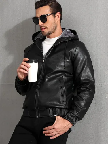 Vista 3 de MANSDOUR Chaqueta de cuero sintético para hombre con forro de vellón negro cálido, chaqueta bomber de motocicleta con capucha