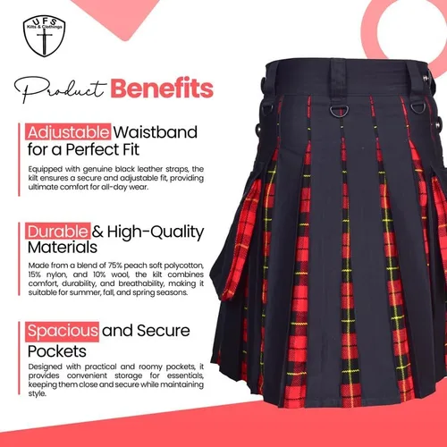 Vista 5 de UFS Kilts-Kilts - Kilts para hombre, talla grande, híbridos escoceses, algodón negro y tartán, con correas de cuero, para hombre, Tartán Wallace