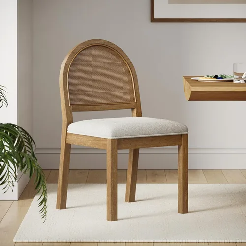 Vista 15 de Nathan James Silla de comedor Beacon Boho, silla de comedor Boucle con acento de fibra de mar y patas de madera maciza, crema Boucle/marrón claro