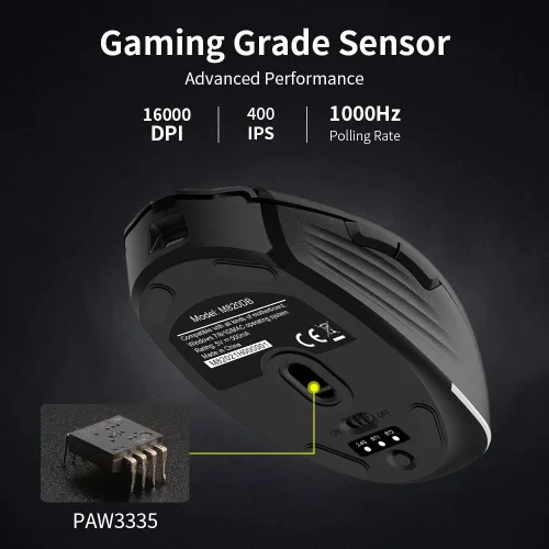 Vista 4 de DeLUX Mouse inalámbrico para juegos con retroiluminación RGB, PAW3335 con 16000DPI, 6 botones programables, dos cubiertas superiores