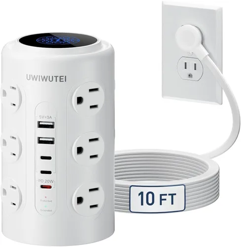 Vista 17 de Regleta de alimentación con protector de sobretensiones de torre (16 salidas de CA + 5 puertos USB incluyendo 2 tipos C), cable de extensión de 5