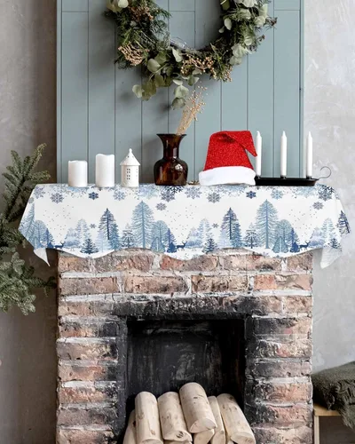 Vista 5 de Mantel con diseño de copo de nieve azul para chimenea de Navidad, bufanda para repisa, estola para estantes, renos, alces, nieve, bosque, cubierta