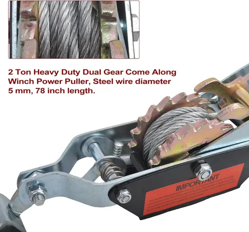 Vista 3 de Cable de acero de 2 toneladas de alta resistencia de 2 ganchos, extractor de potencia de doble engranaje Come Along con herramienta de trinquete