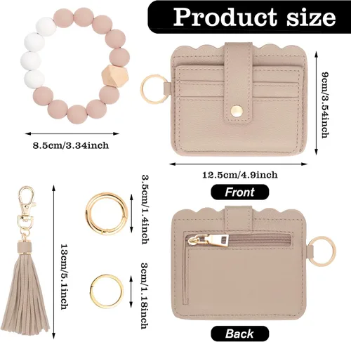 Vista 2 de KNGITRYI Cartera llavero pulsera para mujer, delgado RFID tarjeta de crédito, monedero, borla llavero brazalete para hombres y mujeres, Camello