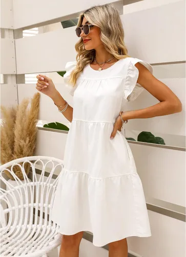 Vista 6 de luvamia Vestido de mezclilla 2025 para mujer, estilo babydoll de verano, sin mangas, manga con volantes, vestido plisado suelto con vuelo